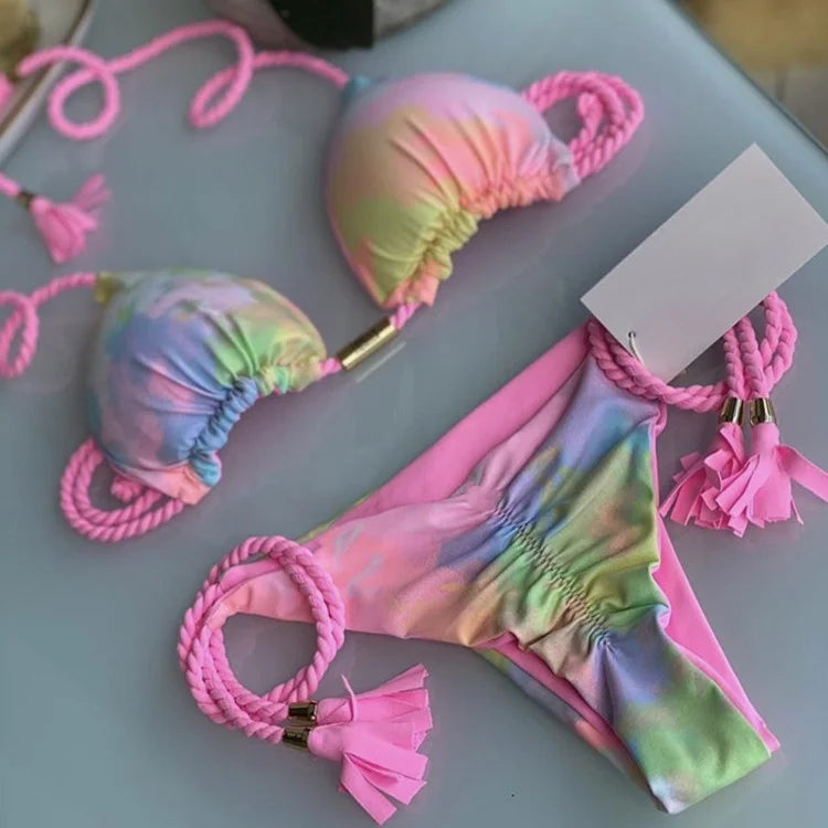 Brazilian Bikini Backless Rope Triangle Swimsuit Multicolor.
