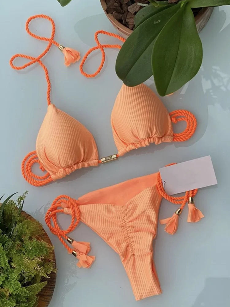 Brazilian Bikini Backless Rope Triangle Swimsuit Multicolor.