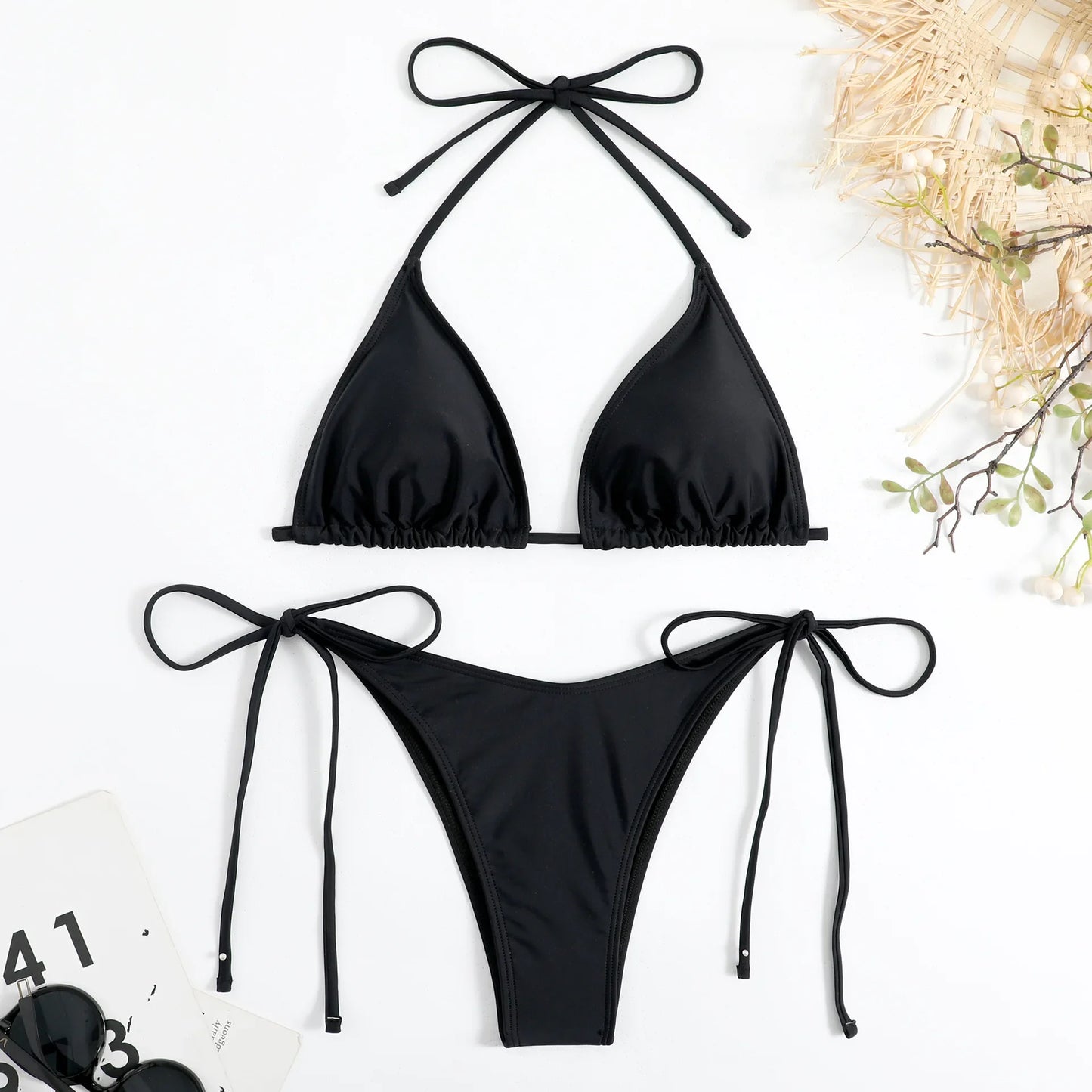 Brazilian Beachwear Set Side Halter Ladies Split Strap Adjustable