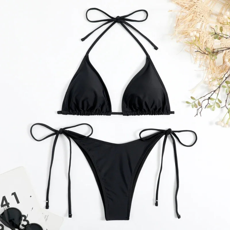 Brazilian Beachwear Set Side Halter Ladies Split Strap Adjustable