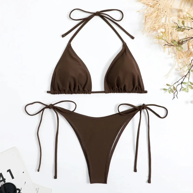Brazilian Beachwear Set Side Halter Ladies Split Strap Adjustable
