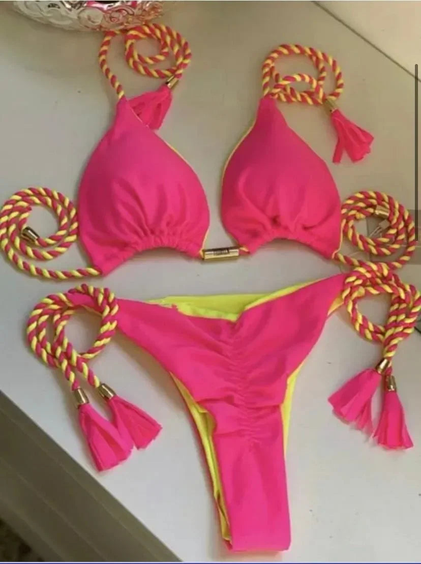 Brazilian Bikini Backless Rope Triangle Swimsuit Multicolor.