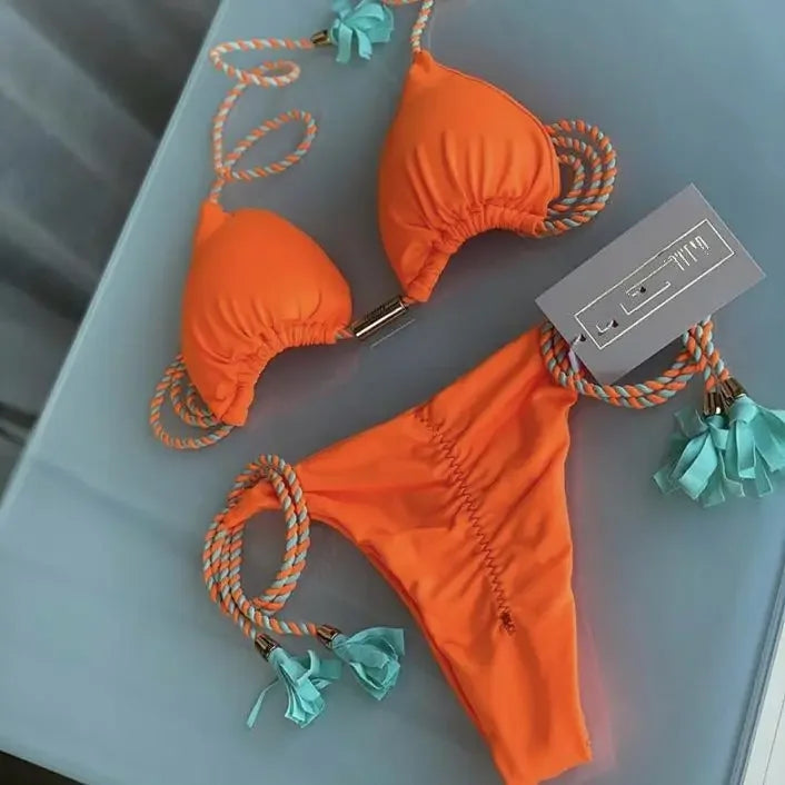 Brazilian Bikini Backless Rope Triangle Swimsuit Multicolor.