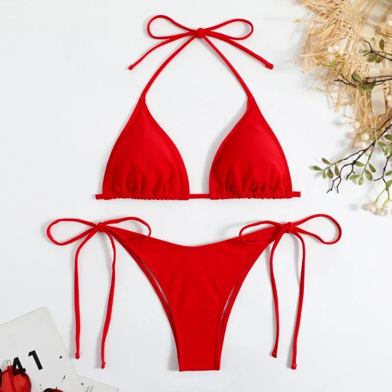 Brazilian Beachwear Set Side Halter Ladies Split Strap Adjustable