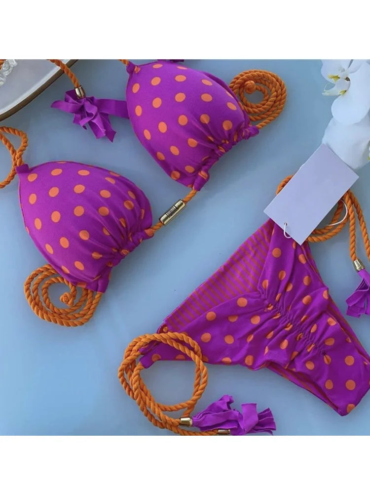 Brazilian Bikini Backless Rope Triangle Swimsuit Multicolor.
