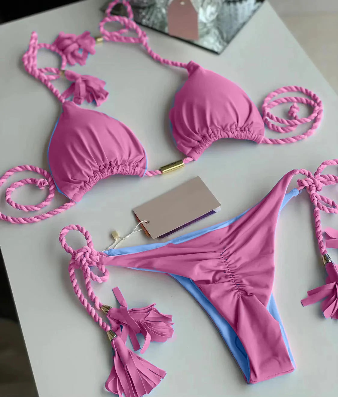Brazilian Bikini Backless Rope Triangle Swimsuit Multicolor.