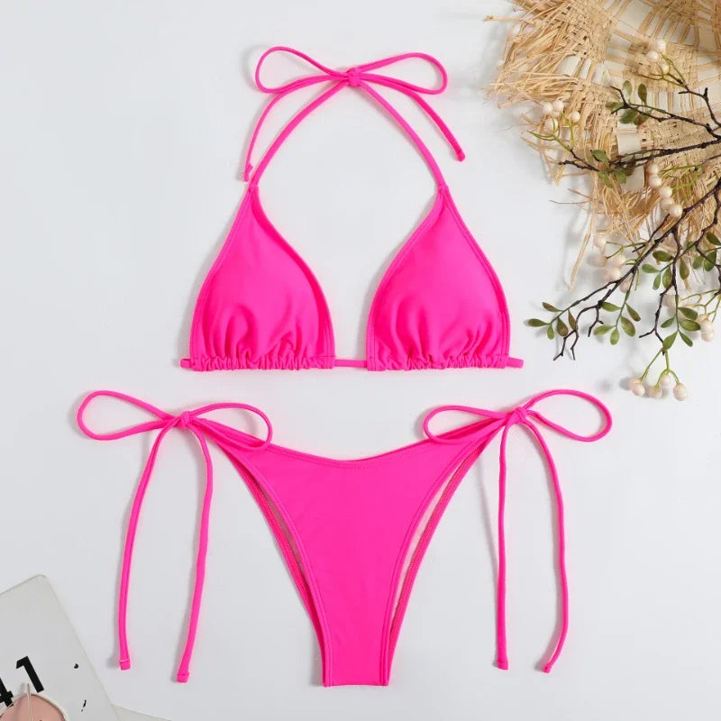 Brazilian Beachwear Set Side Halter Ladies Split Strap Adjustable