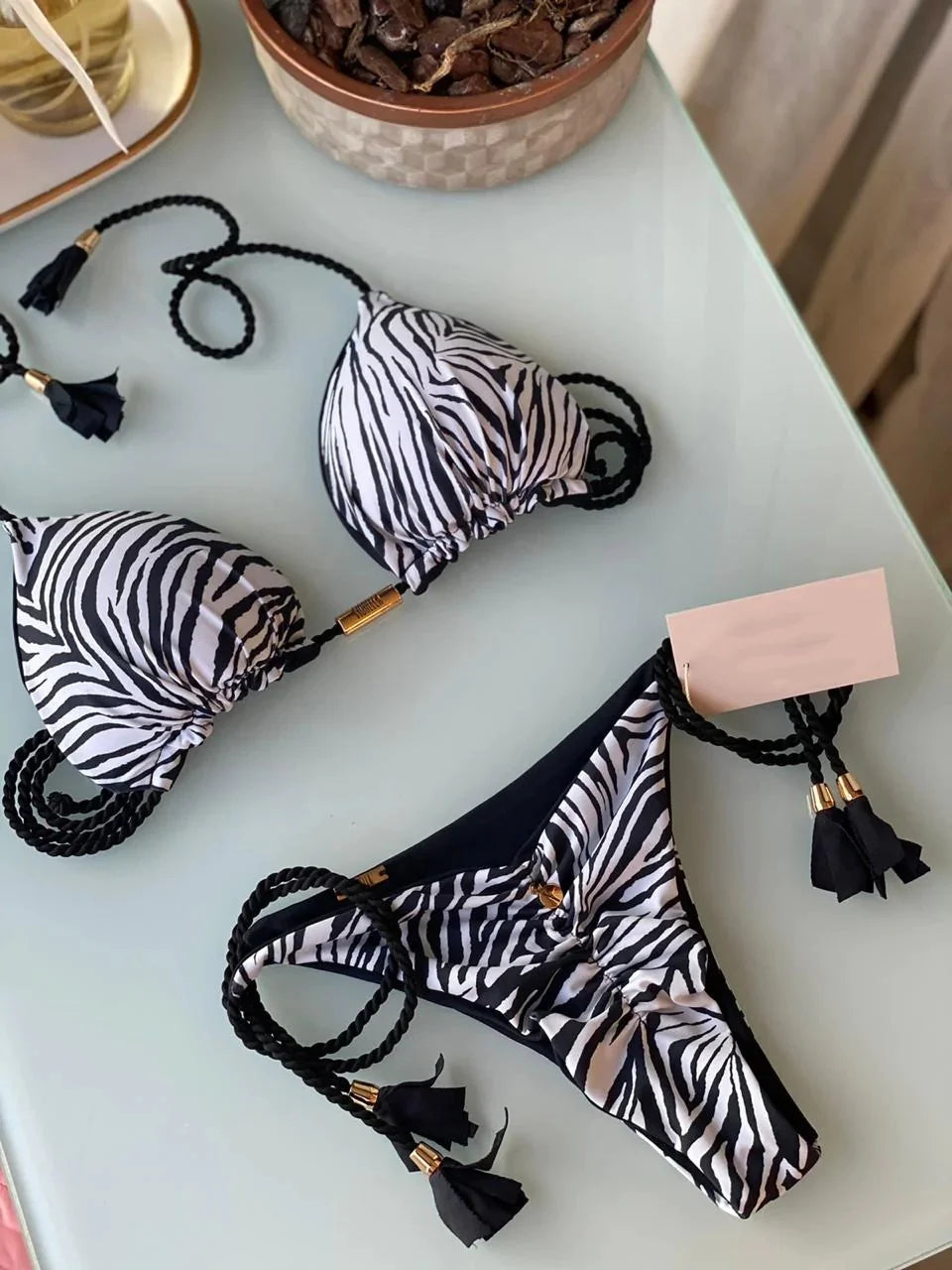 Brazilian Bikini Backless Rope Triangle Swimsuit Multicolor.