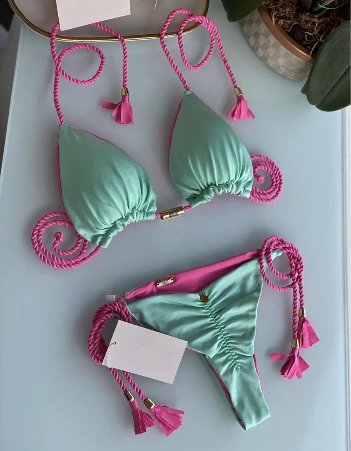 Brazilian Bikini Backless Rope Triangle Swimsuit Multicolor.
