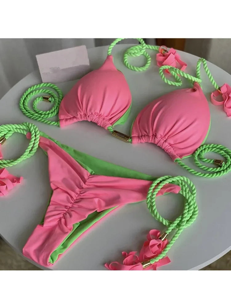 Brazilian Bikini Backless Rope Triangle Swimsuit Multicolor.