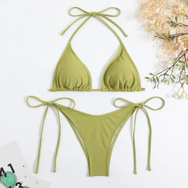 Brazilian Beachwear Set Side Halter Ladies Split Strap Adjustable