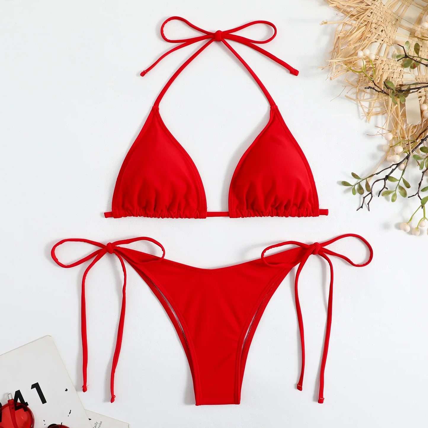 Brazilian Beachwear Set Side Halter Ladies Split Strap Adjustable
